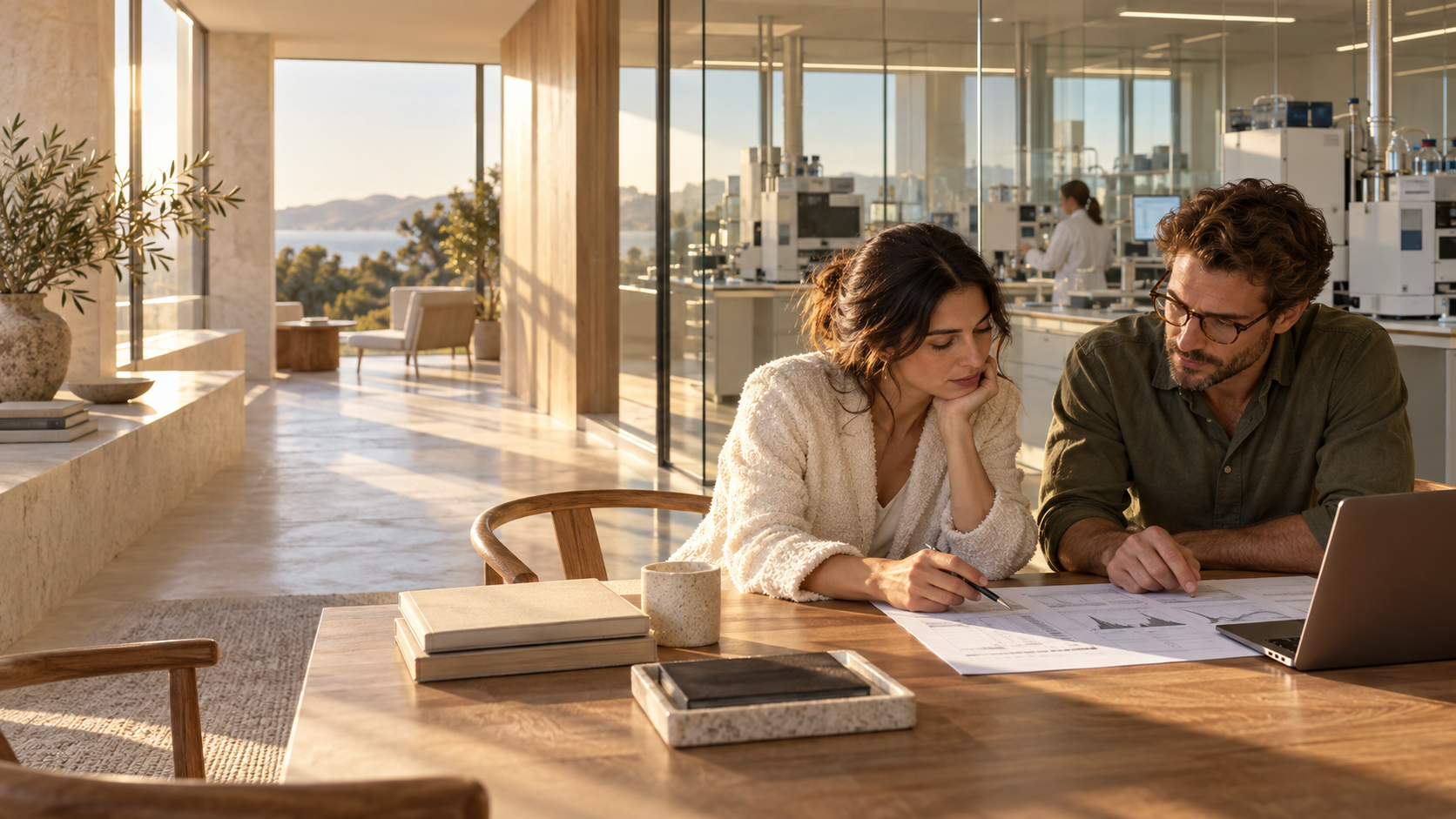 Two researchers reviewing analytical documents together in a sunlit workspace.